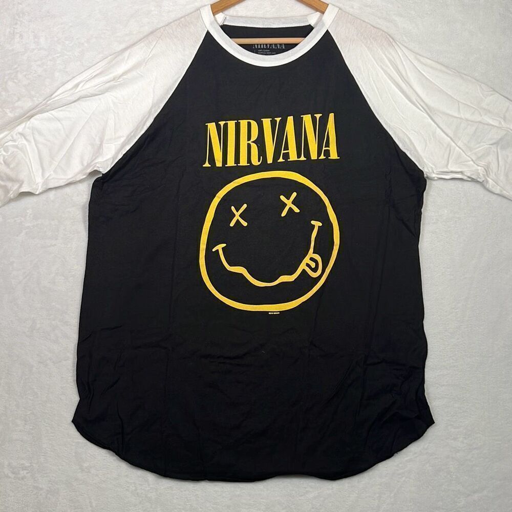 Nirvana Smiley face concert release Raglan long hem cotton T-shirt‎ NWOT Men XL